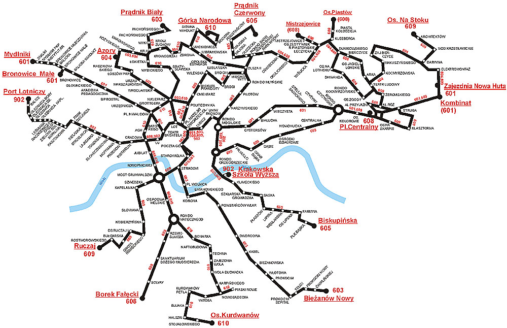 Map of night bus lines in Krakow