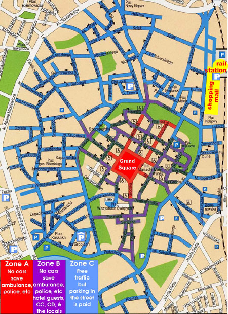 Krakow city center, map for drivers