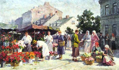 Painting of Krakow's Kleparz marketplace in 1930